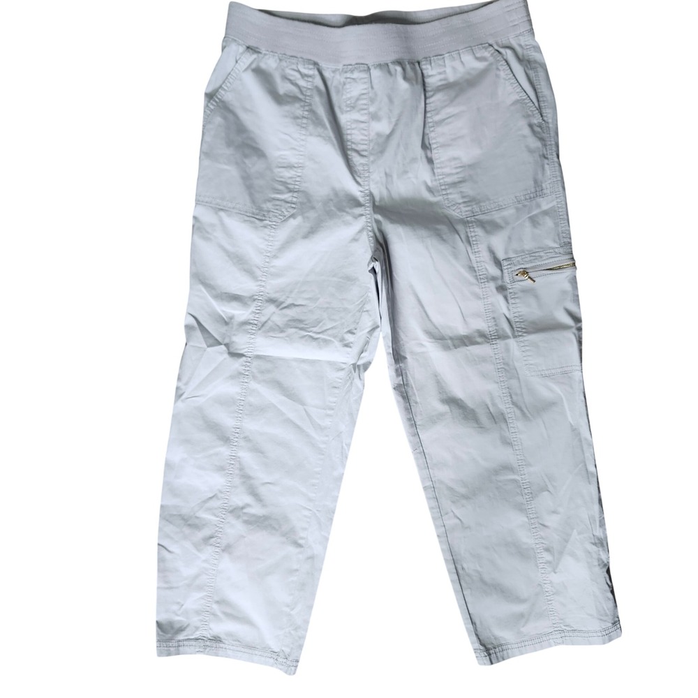 Chicos Gray Cotton Cargo Crop Pants Womens 10 Elastic Waist Pull On Lightweight